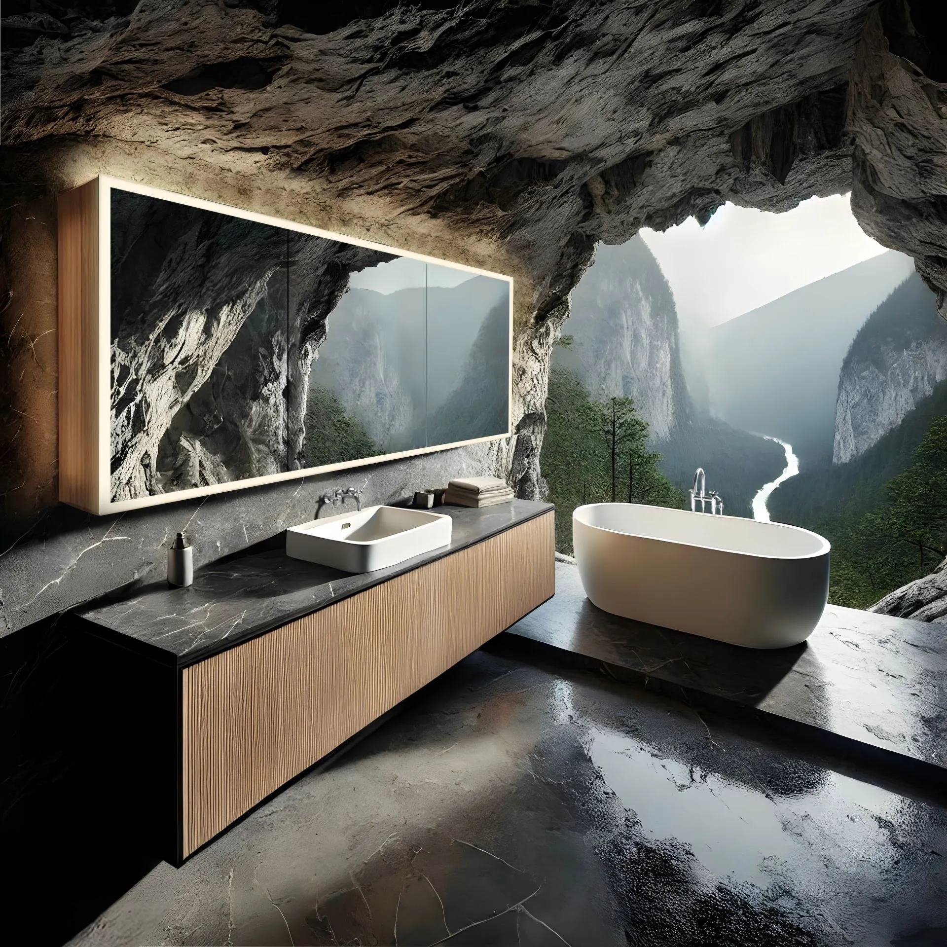 Fantasiebild eines Badezimmers in einer Felshöhle. Natur, dunkles modernes Design.